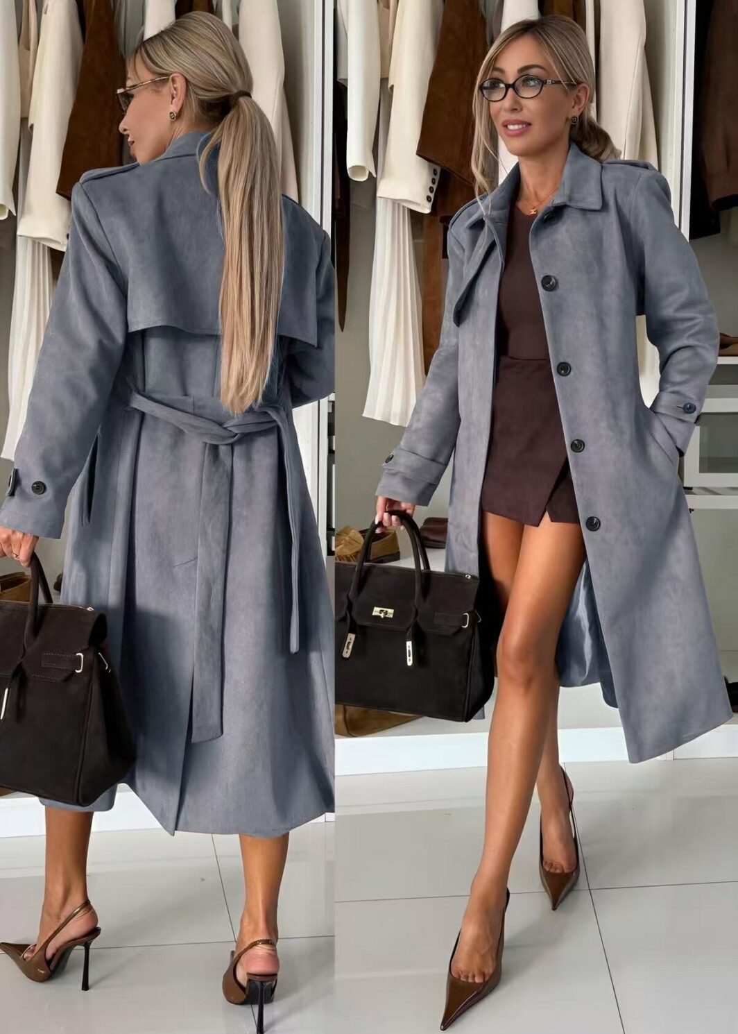 Manteau long trench en suédine effet daim
